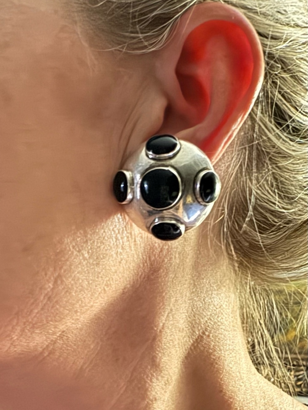 Sterling Silver Dome Clip Earrings with Black Onyx Cabochons